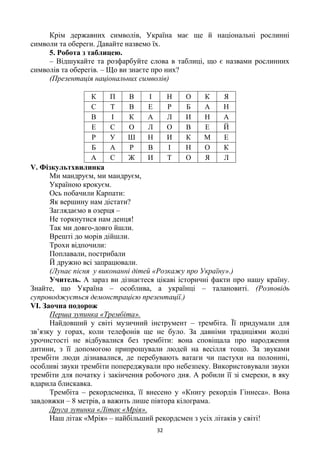 32
Крім державних символів, Україна має ще й національні рослинні
символи та обереги. Давайте назвемо їх.
5. Робота з таблицею.
– Відшукайте та розфарбуйте слова в таблиці, що є назвами рослинних
символів та оберегів. – Що ви знаєте про них?
(Презентація національних символів)
К П В І Н О К Я
С Т В Е Р Б А Н
В І К А Л И Н А
Е С О Л О В Е Й
Р У Ш Н И К М Е
Б А Р В І Н О К
А С Ж И Т О Я Л
V. Фізкультхвилинка
Ми мандруєм, ми мандруєм,
Україною крокуєм.
Ось побачили Карпати:
Як вершину нам дістати?
Заглядаємо в озерця –
Не торкнутися нам денця!
Так ми довго-довго йшли.
Врешті до морів дійшли.
Трохи відпочили:
Поплавали, пострибали
Й дружно всі запрацювали.
(Лунає пісня у виконанні дітей «Розкажу про Україну».)
Учитель. А зараз ви дізнаєтеся цікаві історичні факти про нашу країну.
Знайте, що Україна – особлива, а українці – талановиті. (Розповідь
супроводжується демонстрацією презентації.)
VІ. Заочна подорож
Перша зупинка «Трембіта».
Найдовший у світі музичний інструмент – трембіта. Її придумали для
зв‘язку у горах, коли телефонів ще не було. За давніми традиціями жодні
урочистості не відбувалися без трембіти: вона сповіщала про народження
дитини, з її допомогою припрошували людей на весілля тощо. За звуками
трембіти люди дізнавалися, де перебувають ватаги чи пастухи на полонині,
особливі звуки трембіти попереджували про небезпеку. Використовували звуки
трембіти для початку і закінчення робочого дня. А робили її зі смереки, в яку
вдарила блискавка.
Трембіта – рекордсменка, її внесено у «Книгу рекордів Гіннеса». Вона
завдовжки – 8 метрів, а важить лише півтора кілограма.
Друга зупинка «Літак «Мрія».
Наш літак «Мрія» – найбільший рекордсмен з усіх літаків у світі!
 
