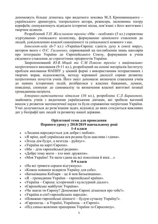 5
допоможуть більше дізнатись про видатного земляка М.Л. Кропивницького –
українського драматурга, театрального актора, режисера, засновника театру
корифеїв; спонукатимуть відвідати історичні місця, пов‘язані з його життєвим і
творчим шляхом.
Розроблений Т.П. Желєзновою тренінг «Ми – особливі» (5 кл.) сприятиме
згуртуванню учнівського колективу, формуванню ціннісного ставлення до
людей, усвідомленню власної самоцінності та унікальності кожного з нас.
Інтелект-кейс (6-7 кл.) «Україна-Європа: єдність духу в союзі миру»,
автором якого є О.С. Гасаненко, спрямований на поглиблення знань школярів
про інтеграцію України до Європейського Союзу, формування в учнів
свідомого ставлення до стратегічних пріоритетів України.
Запропонований Ю.В. Міцай та С.М. Плякою тренінг з національно-
патріотичного виховання (9-11 кл.), розроблений на основі матеріалів Інституту
проблем виховання НАПНУ у цікавій формі з використанням інтерактивних і
творчих вправ, відеосюжетів, методу керованої дискусії сприяє розвитку
патріотичних почуттів учнів. Його зміст допомагає визначати ставлення учнів
до певних історичних подій, розібратися у власних бажаннях, думках,
поведінці, спонукає до самоаналізу та визначення власної життєвої позиції
громадянина-патріота.
Історико-математична вітальня (10 кл.), розроблена С.Л. Барановою,
знайомить учнів з видатними українськими діячами, які зробили вагомий
внесок у розвиток математичної науки та були справжніми патріотами України.
Учні долучаються до розв‘язання задач, відповіді до яких стосуються важливих
дат у біографії цих людей та розвитку нашої держави.
Орієнтовні теми для проведення
Першого уроку у 2018/2019 навчальному році
1-4 класи
«Людина народжується для добра і любові».
«Я мрію, щоб українська вся родина була щаслива і єдина».
«Згода дім будує, а незгода – руйнує».
«Україна на карті Європи».
«Ми – діти європейської родини».
«Добре тому жити – хто вміє дружити».
«Моя Україно! Ти мати єдина на всі покоління й віки…»
5-9 класи
«На всі тривоги серцем відгукнусь».
«Кожен повинен відкрити Україну для себе».
«Батьківщина Кобзаря – це й моя Батьківщина».
«Я – громадянин України – європейської країни».
«Україна – Європа: історичний і культурний діалог».
«Європейське майбутнє України».
«Чи знаєш ти Європу? Допоможи Європі дізнатися про тебе!».
«Україна в сім'ї європейських народів».
«Поважаю європейські цінності – будую сучасну Україну!».
«Європеєць – в Україні, Українець – в Європі».
«Під синьо-жовтими прапорами України та Євросоюзу».
 