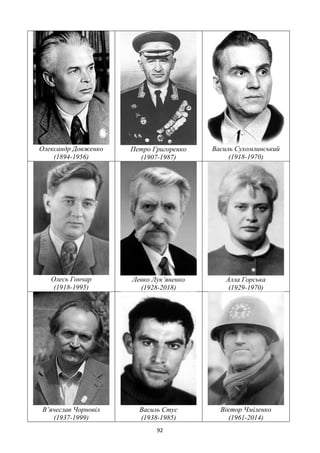 92
Олександр Довженко
(1894-1956)
Петро Григоренко
(1907-1987)
Василь Сухомлинський
(1918-1970)
Олесь Гончар
(1918-1995)
Левко Лук’яненко
(1928-2018)
Алла Горська
(1929-1970)
В’ячеслав Чорновіл
(1937-1999)
Василь Стус
(1938-1985)
Віктор Чміленко
(1961-2014)
 