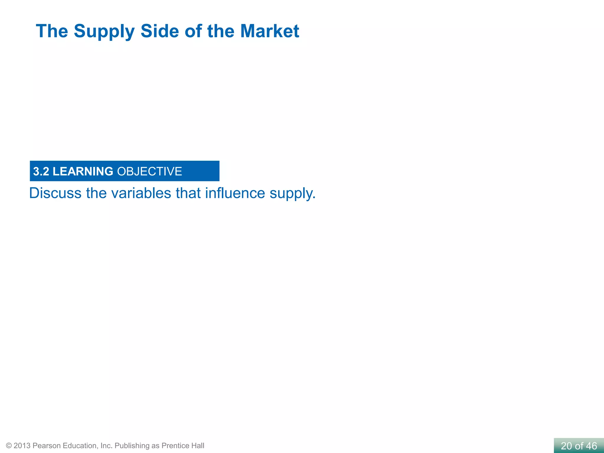 20 of 46© 2013 Pearson Education, Inc. Publishing as Prentice Hall
Discuss the variables that influence supply.
3.2 LEARNING OBJECTIVE
The Supply Side of the Market
 