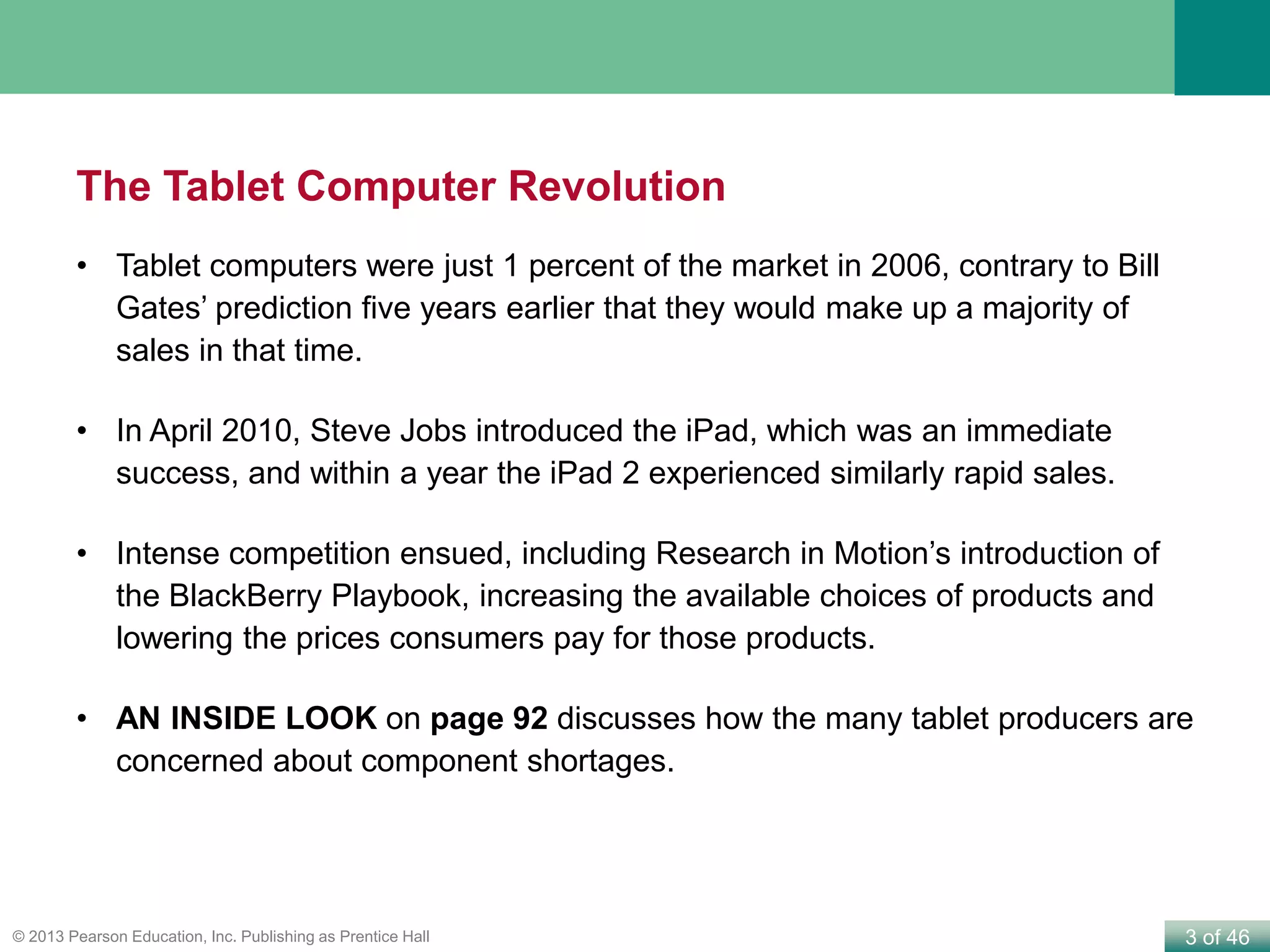 3 of 46© 2013 Pearson Education, Inc. Publishing as Prentice Hall
The Tablet Computer Revolution
• Tablet computers were just 1 percent of the market in 2006, contrary to Bill
Gates’ prediction five years earlier that they would make up a majority of
sales in that time.
• In April 2010, Steve Jobs introduced the iPad, which was an immediate
success, and within a year the iPad 2 experienced similarly rapid sales.
• Intense competition ensued, including Research in Motion’s introduction of
the BlackBerry Playbook, increasing the available choices of products and
lowering the prices consumers pay for those products.
• AN INSIDE LOOK on page 92 discusses how the many tablet producers are
concerned about component shortages.
 
