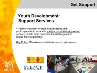 Youth Development:  Support Services Get Support Partner Volunteer Welfare Organisations and  youth agencies to work with  youth at risk of dropping out of  schools , to help them overcome the challenges and  realise their full potential Key Policy:  Minimise at-risk behaviors, and delinquency 