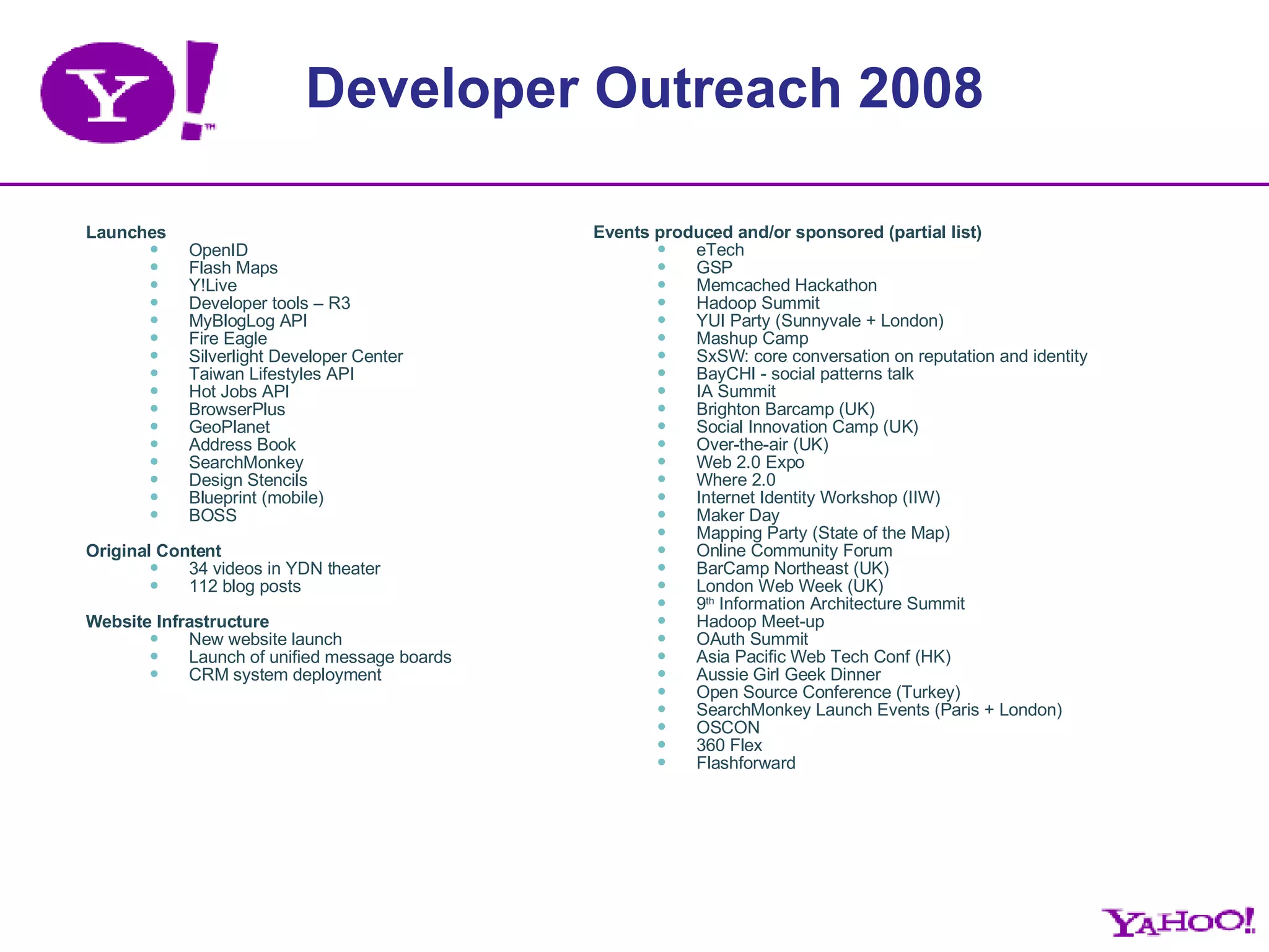 Developer Outreach 2008 Launches OpenID  Flash Maps  Y!Live  Developer tools – R3  MyBlogLog API  Fire Eagle  Silverlight Developer Center  Taiwan Lifestyles API Hot Jobs API BrowserPlus GeoPlanet Address Book SearchMonkey Design Stencils Blueprint (mobile) BOSS Original Content 34 videos in YDN theater  112 blog posts   Website Infrastructure New website launch Launch of unified message boards CRM system deployment Events produced and/or sponsored (partial list) eTech  GSP  Memcached Hackathon  Hadoop Summit  YUI Party (Sunnyvale + London)  Mashup Camp  SxSW: core conversation on reputation and identity  BayCHI - social patterns talk  IA Summit Brighton Barcamp (UK)  Social Innovation Camp (UK)  Over-the-air (UK) Web 2.0 Expo Where 2.0 Internet Identity Workshop (IIW) Maker Day Mapping Party (State of the Map) Online Community Forum BarCamp Northeast (UK) London Web Week (UK) 9 th  Information Architecture Summit Hadoop Meet-up OAuth Summit Asia Pacific Web Tech Conf (HK) Aussie Girl Geek Dinner Open Source Conference (Turkey) SearchMonkey Launch Events (Paris + London) OSCON 360 Flex Flashforward 
