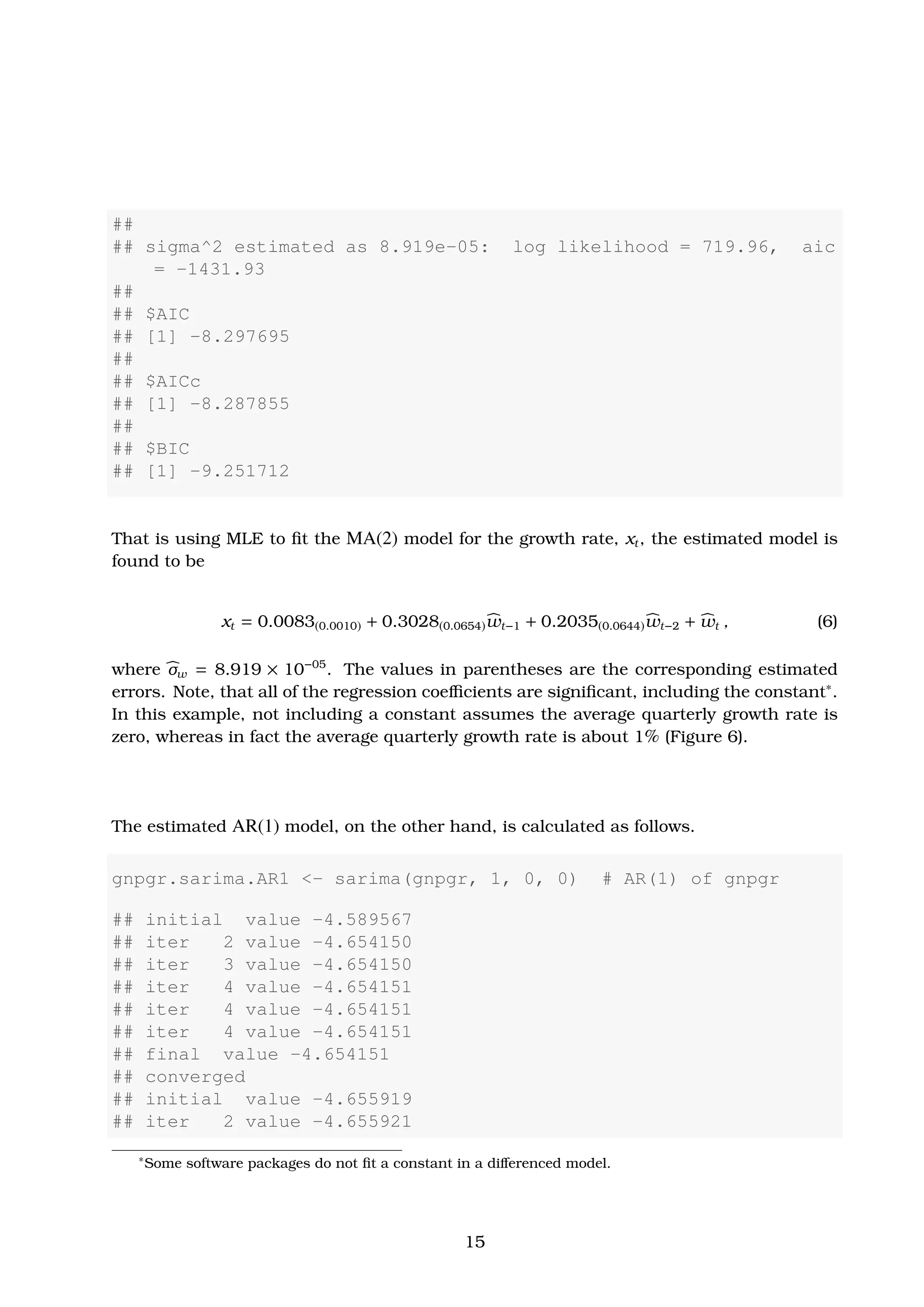 ##
## sigma^2 estimated as 8.919e-05: log likelihood = 719.96, aic
= -1431.93
##
## $AIC
## [1] -8.297695
##
## $AICc
## [1] -8.287855
##
## $BIC
## [1] -9.251712
That is using MLE to ﬁt the MA(2) model for the growth rate, xt, the estimated model is
found to be
xt = 0.0083(0.0010) + 0.3028(0.0654)wt−1 + 0.2035(0.0644)wt−2 + wt , (6)
where σw = 8.919 × 10−05
. The values in parentheses are the corresponding estimated
errors. Note, that all of the regression coeﬃcients are signiﬁcant, including the constant∗
.
In this example, not including a constant assumes the average quarterly growth rate is
zero, whereas in fact the average quarterly growth rate is about 1% (Figure 6).
The estimated AR(1) model, on the other hand, is calculated as follows.
gnpgr.sarima.AR1 <- sarima(gnpgr, 1, 0, 0) # AR(1) of gnpgr
## initial value -4.589567
## iter 2 value -4.654150
## iter 3 value -4.654150
## iter 4 value -4.654151
## iter 4 value -4.654151
## iter 4 value -4.654151
## final value -4.654151
## converged
## initial value -4.655919
## iter 2 value -4.655921
∗
Some software packages do not ﬁt a constant in a diﬀerenced model.
15
 