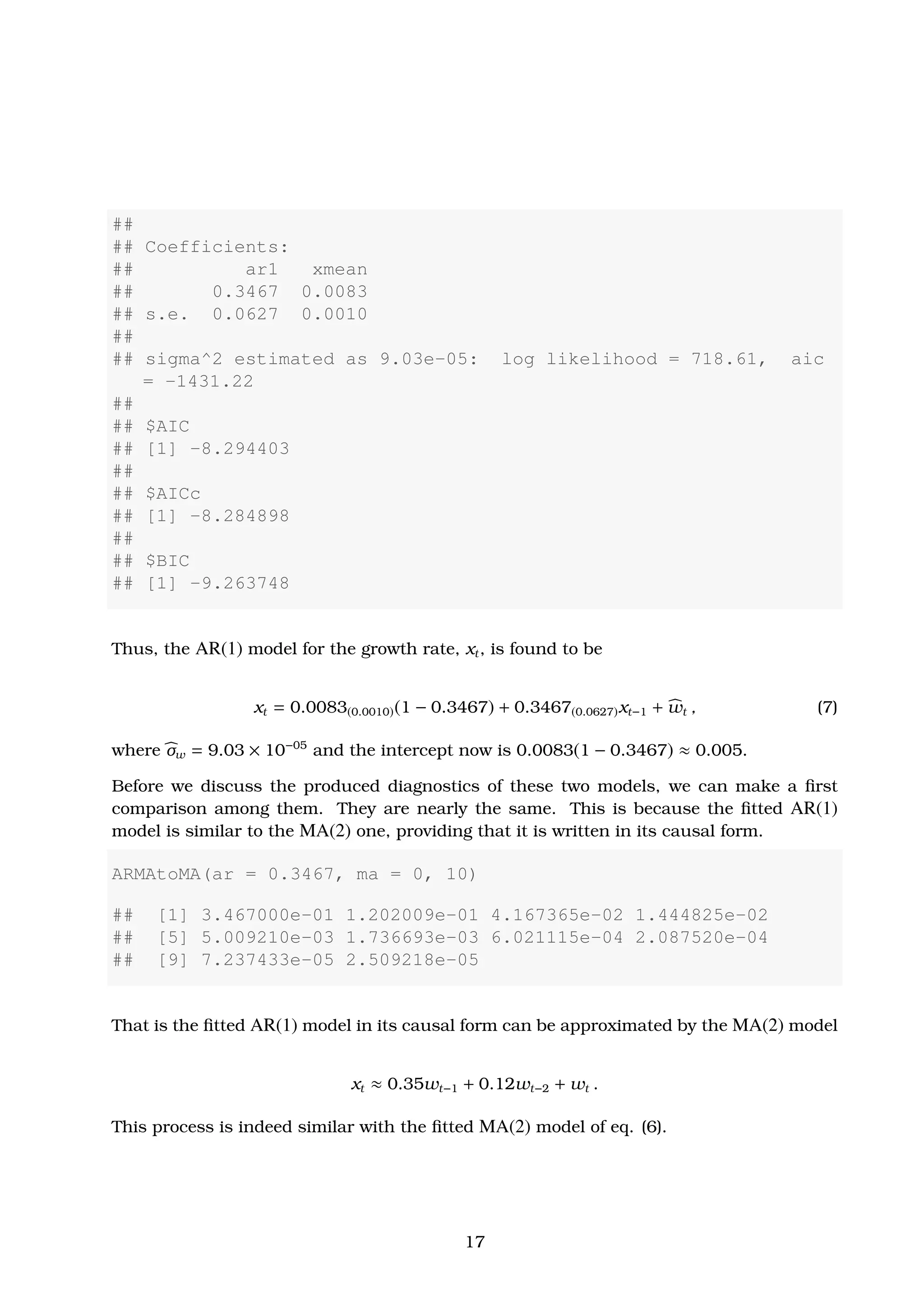 ##
## Coefficients:
## ar1 xmean
## 0.3467 0.0083
## s.e. 0.0627 0.0010
##
## sigma^2 estimated as 9.03e-05: log likelihood = 718.61, aic
= -1431.22
##
## $AIC
## [1] -8.294403
##
## $AICc
## [1] -8.284898
##
## $BIC
## [1] -9.263748
Thus, the AR(1) model for the growth rate, xt, is found to be
xt = 0.0083(0.0010)(1 − 0.3467) + 0.3467(0.0627)xt−1 + wt , (7)
where σw = 9.03 × 10−05
and the intercept now is 0.0083(1 − 0.3467) ≈ 0.005.
Before we discuss the produced diagnostics of these two models, we can make a ﬁrst
comparison among them. They are nearly the same. This is because the ﬁtted AR(1)
model is similar to the MA(2) one, providing that it is written in its causal form.
ARMAtoMA(ar = 0.3467, ma = 0, 10)
## [1] 3.467000e-01 1.202009e-01 4.167365e-02 1.444825e-02
## [5] 5.009210e-03 1.736693e-03 6.021115e-04 2.087520e-04
## [9] 7.237433e-05 2.509218e-05
That is the ﬁtted AR(1) model in its causal form can be approximated by the MA(2) model
xt ≈ 0.35wt−1 + 0.12wt−2 + wt .
This process is indeed similar with the ﬁtted MA(2) model of eq. (6).
17
 