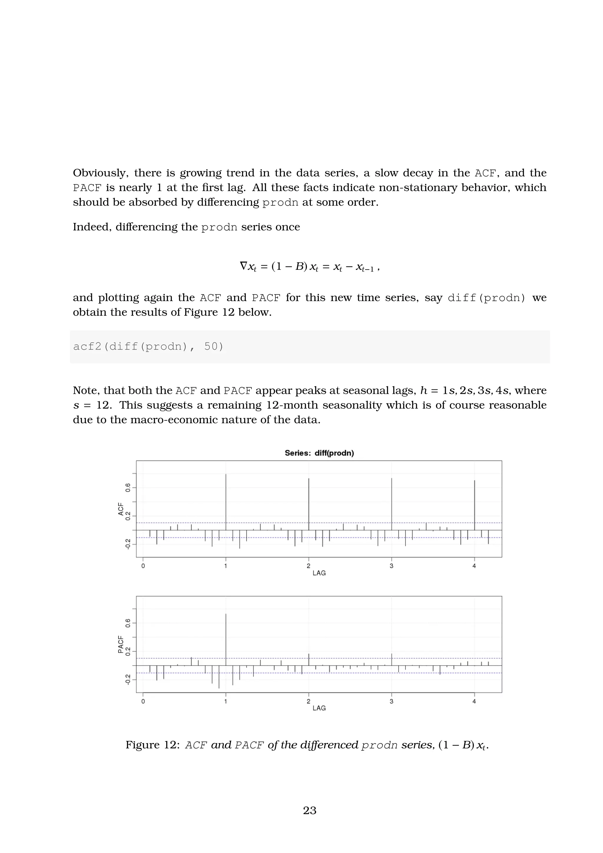 Obviously, there is growing trend in the data series, a slow decay in the ACF, and the
PACF is nearly 1 at the ﬁrst lag. All these facts indicate non-stationary behavior, which
should be absorbed by diﬀerencing prodn at some order.
Indeed, diﬀerencing the prodn series once
xt = (1 − B) xt = xt − xt−1 ,
and plotting again the ACF and PACF for this new time series, say diff(prodn) we
obtain the results of Figure 12 below.
acf2(diff(prodn), 50)
Note, that both the ACF and PACF appear peaks at seasonal lags, h = 1s, 2s, 3s, 4s, where
s = 12. This suggests a remaining 12-month seasonality which is of course reasonable
due to the macro-economic nature of the data.
Figure 12: ACF and PACF of the diﬀerenced prodn series, (1 − B) xt.
23
 