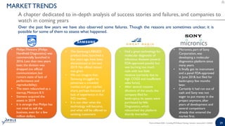 2929
Over the past few years we have also observed some failures. Though the reasons are sometimes unclear, it is
possible for some of them to assess what happened.
Point-of-Need 2020 - Including PCR-Based Testing | Sample | www.yole.fr | ©2020
MARKET TRENDS
A chapter dedicated to in-depth analysis of success stories and failures, and companies to
watch in coming years
• Philips Minicare (Philips
Handheld Diagnostics) was
commercially launched in
2016. Less than two years
later, the division was
dropped (no official
communication, but
rumors state of lack of
performance and
reproducibility).
• The team relaunched as a
startup, Minicare B.V.
• Siemens acquired the
assets in 2019
• It is strange that Philips has
not tried to sell the
business, even for a few
million dollars.
• The Samsung LABGEO
product lines, launched a
few years ago, have been
discontinued at the end
2019. No official reason
was given
• We can imagine that
Samsung struggled to
penetrate a crowded
market and gain market
share, perhaps because of
lack of experience in the
IVD market.
• It is not clear what the
technology will become,
and what will be offered to
existing customers
• Had a great technology for
molecular diagnostic of
infectious diseases (several
FDA-approved panels) but
was burning too much
cash with too little
revenue (certainly due to
high COGS and insufficient
sales force).
• After several massive
dilutions of the stock, the
company filed for
bankruptcy.Its assets were
purchased byVela
Diagnostics, which
relaunched the platform
shortly thereafter.
• Micronics, part of Sony
Corporation, was
developing a molecular
diagnostics platform since
many years.
• It finally got its instrument
and a panel FDA-approved
in June 2018, but filed for
bankruptcy few months
later.
• Certainly it had run out of
cash and Sony was not
eager to put money in the
project anymore, after
years of development and
several competitors
already that entered the
market first.
 