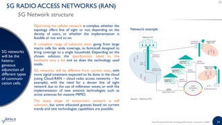 19
5G RADIO ACCESS NETWORKS (RAN)
5G Network structure
5G networks
will be the
hetero-
geneous
adjunction of
different types
of communi-
cation cells.
Optimizing the cellular network is complex, whether the
topology offers line of sight or not, depending on the
density of users, or whether the implementation is
feasible or not and so on.
A complete range of solutions exist, going from large
macro cells for wide coverage, to femtocell designed to
bring coverage to a single household. Depending on the
chosen solution, the specifications asked to the
hardware vary a lot and so does the technology used
inside.
5G networks will be different from current ones, with
more signal treatment expected to be done in the cloud
(using Cloud-RAN – cloud radio access networks – for
example), with the need for a denser line of sight
network due to the use of millimeter waves, or with the
implementation of new antenna technologies such as
active antennas for massive MIMO.
The exact shape of tomorrow’s network is still
unknown, but some educated guesses based on current
trends and new technologies capabilities are possible.
Silicon Photonics Market & Technology 2020 | Sample | www.yole.fr | ©2020
Source: Informa PLC
Network example
 