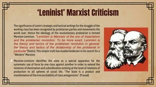 The significance of Lenin'sstrategic andtactical writingsfor the struggle of the
working class has been recognized by proletarian parties and movements the
world over. Hence the ideology of the revolutionary proletariat is termed
Marxism-Leninism. "Leninism is Marxism of the era of imperialism
and the proletarian revolution. To be more exact, Leninism is
the theory and tactics of the proletarian revolution in general,
the theory and tactics of the dictatorship of the proletariat in
particular"(Stalin). This simple truth has evaded Andersen in his search for a
"Western"Marxism.
Marxism-Leninism identifies the state as a special apparatus for the
systematic use of force by one class against another in order to extend the
relations of domination and subordination existing at the level of relations of
production to all spheres of social life. "The State is a product and
manifestationoftheirreconcilabilityofclassantagonisms".(Prasad)
‘Leninist’ Marxist Criticism
 