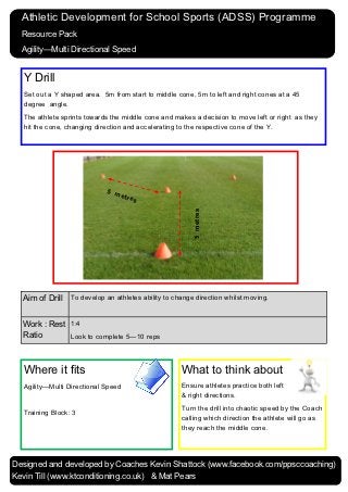 Athletic Development for School Sports (ADSS) Programme
  Resource Pack
  Agility—Multi Directional Speed


  Y Drill
  Set out a Y shaped area. 5m from start to middle cone, 5m to left and right cones at a 45
  degree angle.
  The athlete sprints towards the middle cone and makes a decision to move left or right as they
  hit the cone, changing direction and accelerating to the respective cone of the Y.




                            5 m
                                etre
                                    s                   5 metres




  Aim of Drill To develop an athletes ability to change direction whilst moving.


  Work : Rest 1:4
  Ratio       Look to complete 5—10 reps



  Where it fits                                     What to think about
  Agility—Multi Directional Speed                   Ensure athletes practice both left
                                                    & right directions.
                                                    Turn the drill into chaotic speed by the Coach
  Training Block: 3
                                                    calling which direction the athlete will go as
                                                    they reach the middle cone.




Designed and developed by Coaches Kevin Shattock (www.facebook.com/ppsccoaching)
Kevin Till (www.ktconditioning.co.uk) & Mat Pears
 