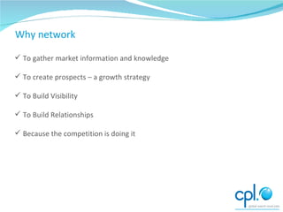 Why network To gather market information and knowledge To create prospects – a growth strategy To Build Visibility To Build Relationships Because the competition is doing it Why network 