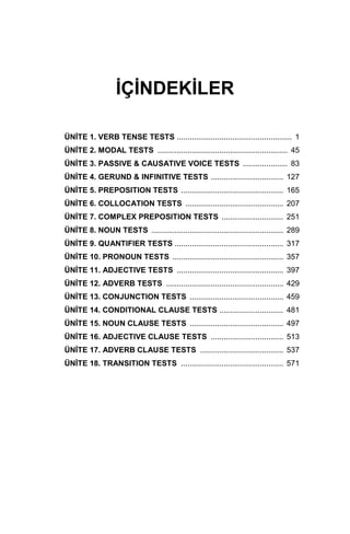 İÇİNDEKİLER
ÜNİTE 1. VERB TENSE TESTS ...................................................... 1
ÜNİTE 2. MODAL TESTS ............................................................. 45
ÜNİTE 3. PASSIVE & CAUSATIVE VOICE TESTS ..................... 83
ÜNİTE 4. GERUND & INFINITIVE TESTS .................................. 127
ÜNİTE 5. PREPOSITION TESTS ................................................ 165
ÜNİTE 6. COLLOCATION TESTS .............................................. 207
ÜNİTE 7. COMPLEX PREPOSITION TESTS ............................. 251
ÜNİTE 8. NOUN TESTS .............................................................. 289
ÜNİTE 9. QUANTIFIER TESTS ................................................... 317
ÜNİTE 10. PRONOUN TESTS .................................................... 357
ÜNİTE 11. ADJECTIVE TESTS .................................................. 397
ÜNİTE 12. ADVERB TESTS ....................................................... 429
ÜNİTE 13. CONJUNCTION TESTS ............................................ 459
ÜNİTE 14. CONDITIONAL CLAUSE TESTS .............................. 481
ÜNİTE 15. NOUN CLAUSE TESTS ............................................ 497
ÜNİTE 16. ADJECTIVE CLAUSE TESTS .................................. 513
ÜNİTE 17. ADVERB CLAUSE TESTS ....................................... 537
ÜNİTE 18. TRANSITION TESTS ................................................ 571
 