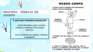 O QUE NÃO PODEMOS ESQUECER?
VOCÊ PERCEBEU QUE O NOSSO
CORPO É FORMADO POR VÁRIAS
PARTES?
ELE É DIVIDIDO EM CABEÇA, TRONCO
E MEMBROS.
SEGUNDA - FEIRA 03 DE
AGOSTO
 