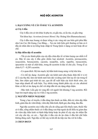 167
NGỘ ĐỘC ACONITIN
1. ĐẠI CƢƠNG VỀ CÂY Ô ĐẦU VÀ ACONITIN
a) Cây ô đầu
Cây ô đầu còn có tên khác là phụ tử, củ gấu tàu, củ ấu tàu, củ gấu rừng
Tên khoa học: Aconitum fortunei Hemsl. Họ: Hoàng liên (Ranunculaceae).
Cây ô đầu mọc hoang và đƣợc trồng ở các vùng núi cao biên giới phía Bắc
nhƣ Lào Cai, Hà Giang, Cao Bằng,.... Tại các tỉnh biên giới thƣờng có bán củ ô
đầu do nhân dân ta tự trồng hoặc nhập từ Trung Quốc ở dạng củ tƣơi hoặc đã sơ
chế.
b) Đặc điểm độc tố aconitin
- Tất cả các thành phần của cây đều chứa độc tố và hàm lƣợng cao nhất ở rễ
củ. Độc tố của cây ô đầu gồm nhiều loại alcaloid: Aconitin, picroaconitin,
isoaconitin, benzaconitin, caconin, neopellin, eolin, napellin, mesaconitin,
ipaconitin và một số chất khác, trong đó aconitin là độc tố chủ yếu. Trong rễ củ
chứa 0,17 - 0,28% aconitin.
- Cơ quan đích: Hệ tim mạch, hệ thần kinh trung ƣơng và hệ tiêu hóa.
- Cơ chế tác dụng: Aconitin gắn vào kênh natri phụ thuộc điện thế ở vị trí
số 2 của thụ thể, làm mở kênh natri kéo dài và dòng natri liên tục đi vào trong tế
bào, làm chậm quá trình tái cực, qua đó dễ xuất hiện các kích thích sớm, các
loạn nhịp nhanh dễ xuất hiện. Tuy nhiên trong thành phần cây có các alkaloid
khác có thể có tác dụng ức chế với nhịp dẫn tới các dạng nhịp chậm.
- Độc tính: Liều gây tử vong đối với ngƣời lớn khoảng 5 mg aconitin. Rối
loạn tim mạch nặng xảy ra ở liều 2 mg aconitin.
2. NGUYÊN NHÂN NGỘ ĐỘC
Trong y học cổ truyền, ô đầu dùng làm thuốc an thần, điều trị viêm dây thần
kinh, giảm đau do viêm khớp, viêm dây thần kinh, bệnh gut, đau răng, đau đầu.
Ngộ độc aconitin của ô đầu chủ yếu do uống quá liều thuốc nam, thuốc bắc
có ô đầu, uống nhầm thuốc có ô đầu dùng xoa bóp ngoài da để điều trị giảm đau
do viêm dây thần kinh và bệnh thấp khớp hoặc ăn phải rễ cây này do nhầm lẫn
với cây cần tây, củ cải.... Ngộ độc ô đầu còn do ăn cháo ô đầu khi chế biến
không đúng cách. Ngộ độc có thể xảy ra khi để da tiếp xúc lâu với lá ô đầu.
3. CHẨN ĐOÁN
 