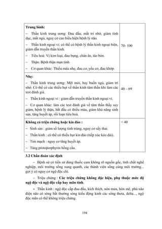 194
Trung bình:
Thần kinh trung ƣơng: Đau đầu, mất trí nhớ, giảm tình
dục, mất ngủ, nguy cơ cao biểu hiện bệnh lý não.
Thần kinh ngoại vi: có thể có bệnh lý thần kinh ngoại biên,
giảm dẫn truyền thần kinh.
Tiêu hoá: Vị kim loại, đau bụng, chán ăn, táo bón.
Thận: Bệnh thận mạn tính
Cơ quan khác: Thiếu máu nhẹ, đau cơ, yếu cơ, đau khớp.
70- 100
Nhẹ:
Thần kinh trung ƣơng: Mệt mỏi, hay buồn ngủ, giảm trí
nhớ. Có thể có các thiếu hụt về thần kinh tâm thần khi làm các
test đánh giá.
Thần kinh ngoại vi : giảm dẫn truyền thần kinh ngoại vi.
Cơ quan khác: làm các test đánh giá về tâm thần thấy suy
giảm, bệnh lý thận, bắt đầu có thiếu máu, giảm khả năng sinh
sản, tăng huyết áp, rối loạn tiêu hoá.
40 – 69
Không có triệu chứng hoặc kín đáo :
Sinh sản : giảm số lƣợng tinh trùng, nguy cơ sẩy thai.
Thần kinh : có thể có thiếu hụt kín đáo (tiếp xúc kéo dài).
Tim mạch : nguy cơ tăng huyết áp.
Tăng protoporphyrin hồng cầu.
< 40
3.2 Chẩn đoán xác định
Bệnh sử có tiền sử dùng thuốc cam không rõ nguồn gốc, tính chất nghề
nghiệp, môi trƣờng sống xung quanh, các thành viên sống cùng môi trƣờng...
gợi ý có nguy cơ ngộ độc chì.
Triệu chứng : Các triệu chứng không đặc hiệu, phụ thuộc mức độ
ngộ độc và ngộ độc cấp hay mãn tính.
Thần kinh : ngộ độc cấp đau đầu, kích thích, nôn mửa, hôn mê, phù não
điện não có sóng bất thƣờng sóng kiểu động kinh các sóng theta, delta..., ngộ
độc mãn có thể không triệu chứng.
 