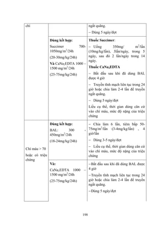 198
chì ngắt quãng.
Dùng 5 ngày/đợt
Dùng kết hợp:
Succimer 700-
1050mg/m2
/24h
(20-30mg/kg/24h)
Và CaNa2EDTA 1000 –
1500 mg/m2
/24h
(25-75mg/kg/24h)
Thuốc Succimer:
Uống 350mg/ m2
/lần
(10mg/kg/lần), 3lần/ngày, trong 5
ngày, sau đó 2 lần/ngày trong 14
ngày.
Thuốc CaNa2EDTA
Bắt đầu sau khi đã dùng BAL
đƣợc 4 giờ
Truyền tĩnh mạch liên tục trong 24
giờ hoặc chia làm 2-4 lần để truyền
ngắt quãng.
Dùng 5 ngày/đợt
Liều cụ thể, thời gian dùng căn cứ
vào chì máu, mức độ nặng của triệu
chứng
Chì máu > 70
hoặc có triệu
chứng
Dùng kết hợp:
BAL: 300 -
450mg/m2
/24h
(18-24mg/kg/24h)
Chia làm 6 lần, tiêm bắp 50-
75mg/m2
/lần (3-4mg/kg/lần) , 4
giờ/lần
Dùng 3-5 ngày/đợt
Liều cụ thể, thời gian dùng căn cứ
vào chì máu, mức độ nặng của triệu
chứng
Và:
CaNa2EDTA 1000 –
1500 mg/m2
/24h
(25-75mg/kg/24h)
Bắt đầu sau khi đã dùng BAL đƣợc
4 giờ
Truyền tĩnh mạch liên tục trong 24
giờ hoặc chia làm 2-4 lần để truyền
ngắt quãng.
Dùng 5 ngày/đợt
 