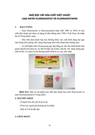 53
NGỘ ĐỘC CẤP HÓA CHẤT DIỆT CHUỘT
LOẠI NATRI FLUOROACETAT VÀ FLUOROACETAMID
1. ĐẠI CƢƠNG
- Natri fluoroacetat và fluoroacetamid (hợp chất 1080 và 1081) là hóa
chất diệt chuột mới đƣợc sử dụng từ đầu những năm 1990 ở Việt Nam, do nhập
lậu từ Trung Quốc sang.
- Hóa chất diệt chuột loại này thƣờng đƣợc sản xuất dƣới dạng hạt gạo
màu hồng nhìn giống cốm, dạng ống dung dịch màu hồng hoặc không màu.
- Cơ chế bệnh sinh: Fluoroacetat gây độc bằng ức chế chu trình Krebs làm
giảm chuyển hoá glucose, ức chế hô hấp của tế bào, mất dự trữ năng lƣợng gây
chết tế bào. Cơ quan bị tổn thƣơng nhiều nhất là cơ, tim, não, thận.
Hình 10.1: Một số sản phẩm hóa chất diệt chuột loại natri fluoroacetat và
natri fluoroacetamid từ Trung Quốc
2. NGUYÊN NHÂN
- Ở ngƣời lớn chủ yếu là do tự tử
- Ở trẻ em, ngƣời già thƣờng do ăn nhầm
- Một số ít là bị đầu độc
3. CHẨN ĐOÁN
 