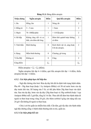 62
Bảng 11.1: Bảng điểm atropin
Triệu chứng Ngấm atropin Điểm Quá liều atropin Điểm
1. Da Hồng, ấm 1 Nóng, đỏ 2
2. Đồng tử 3 – 5 mm 1 > 5mm 2
3. Mạch 70 -100lần/phút 1 > 110 lần/phút 2
4. Hô hấp Không tăng tiết và co
thắt, còn đờm dãi lỏng
1 Đờm khô quánh hoặc không
có đờm
2
5. Tinh thần Bình thƣờng 0 Kích thích vật vã, sảng hoặc
li bì do atropin.
2
6. Bụng Mềm bình thƣờng 0 Chƣớng, gõ trong 2
7.Cầu BQ Không có 0 Căng 2
Cộng điểm 1 2
Điểm atropine = 1 + 2 (điểm).
Ngấm atropine khi đạt 4- 6 điểm, quá liều atropin khi đạt > 6 điểm, thiếu
atropine khi đạt < 4 điểm.
4.3.2. Các biện pháp hạn chế hấp thu
- Ngộ độc đƣờng tiêu hoá: Rửa dạ dày khi đã ổn định tình trạng bệnh nhân.
Pha 40 - 50g than hoạt (hoặc 1 lọ Antipois BMai) với 50 ml nƣớc bơm vào dạ
dày trƣớc khi rửa. Số lƣợng rửa 5 lít, có thể pha thêm 20g than hoạt vào dịch
rửa. Sau rửa dạ dày, bơm vào dạ dày (20g than hoạt và 30g sorbitol) hoặc 1 typ
Antipois BMai mỗi 2 giờ/lần, tổng là 3-6 lần. Theo dõi để đảm bảo bệnh nhân đi
ngoài ra than hoạt trong vòng 24 giờ, cho thêm sorbitol 1g/kg cân nặng nếu sau
24 giờ vẫn không đi ngoài ra than hoạt.
- Chú ý cởi bỏ quần áo nhiễm hóa chất. Cần tắm, gội tẩy độc cho bệnh nhân
ngộ độc đƣờng uống vì bệnh nhân thƣờng nôn ra tóc, quần áo.
4.3.3. Các biện pháp hồi sức
 