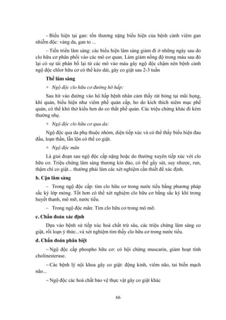66
– Biểu hiện tại gan: tổn thƣơng nặng biểu hiện của bệnh cảnh viêm gan
nhiễm độc: vàng da, gan to ...
– Tiến triển lâm sàng: các biểu hiện lâm sàng giảm đi ở những ngày sau do
clo hữu cơ phân phối vào các mô cơ quan. Làm giảm nồng độ trong máu sau đó
lại có sự tái phân bố lại từ các mô vào máu gây ngộ độc chậm nên bệnh cảnh
ngộ độc chlor hữu cơ có thể kéo dài, gây co giật sau 2-3 tuần
Thể lâm sàng
+ Ngộ độc clo hữu cơ đường hô hấp:
Sau hít vào đƣờng vào hô hấp bệnh nhân cảm thấy rát bỏng tại mũi họng,
khí quản, biểu hiện nhƣ viêm phế quản cấp, ho do kích thích niêm mạc phế
quản, có thể khó thở kiểu hen do co thắt phế quản. Các triệu chứng khác đi kèm
thƣờng nhẹ.
+ Ngộ độc clo hữu cơ qua da:
Ngộ độc qua da phụ thuộc nhóm, diện tiếp xúc và có thể thấy biểu hiện đau
đầu, loạn thần, lẫn lộn có thể co giật.
+ Ngộ độc mãn
Là giai đoạn sau ngộ độc cấp nặng hoặc do thƣờng xuyên tiếp xúc với clo
hữu cơ. Triệu chứng lâm sàng thƣơng kín đáo, có thể gầy sút, suy nhƣợc, run,
thậm chí co giật... thƣờng phải làm các xét nghiệm cần thiết để xác định.
b. Cận lâm sàng
– Trong ngộ độc cấp: tìm clo hữu cơ trong nƣớc tiểu bằng phƣơng pháp
sắc ký lớp mỏng. Tốt hơn có thể xét nghiệm clo hữu cơ bằng sắc ký khí trong
huyết thanh, mô mỡ, nƣớc tiểu.
– Trong ngộ độc mãn: Tìm clo hữu cơ trong mô mỡ.
c. Chẩn đoán xác định
Dựa vào bệnh sử tiếp xúc hoá chất trừ sâu, các triệu chứng lâm sàng co
giật, rối loạn ý thức...và xét nghiệm tìm thấy clo hữu cơ trong nƣớc tiểu.
d. Chẩn đoán phân biệt
Ngộ độc cấp phospho hữu cơ: có hội chứng muscarin, giảm hoạt tính
cholinesterase.
Các bệnh lý nội khoa gây co giật: động kinh, viêm não, tai biến mạch
não...
Ngộ độc các hoá chất bảo vệ thực vật gây co giật khác
 