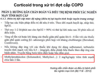 Hướng dẫn chẩn đoán và điều trị bệnh phổi
tắc nghẽn mạn tính (Bộ Y tế - 2012)
Corticoid trong xử trí đợt cấp COPD
 