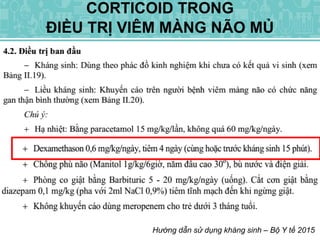 CORTICOID TRONG
ĐIỀU TRỊ VIÊM MÀNG NÃO MỦ
Hướng dẫn sử dụng kháng sinh – Bộ Y tế 2015
 