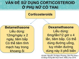 GS.BS. Nguyễn Thị Ngọc Phượng, Sản Phụ khoa –
từ bằng chứng đến thực hành, NXB y học 2016
VẤN ĐỀ SỬ DỤNG CORTICOSTEROID
Ở PHỤ NỮ CÓ THAI
Betamethasone
Liều dùng:
12mg/ngày x 2
ngày, tiêm bắp
Có thể tiêm tĩnh
mạch hay trong
khoang ối
Corticosteroids
Dexamethasone
Liều dùng:
6mg/lần/12 giờ x 4
lần, tiêm bắp. Có thể
dùng đường uống,
tuy nhiên đường
dùng này ít phổ biến
Betamethasone
Liều dùng:
12mg/ngày x 2
ngày, tiêm bắp
Có thể tiêm tĩnh
mạch hay trong
khoang ối
Dexamethasone
Liều dùng:
6mg/lần/12 giờ x 4
lần, tiêm bắp. Có thể
dùng đường uống,
tuy nhiên đường
dùng này ít phổ biến
 
