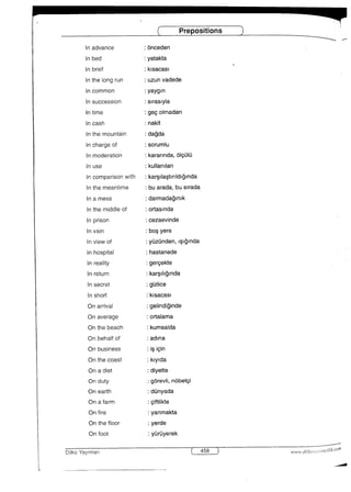 Prepositions
ln advance
ln bed
ln brief
lnthelongrun
in common
lnsuccession
lntime
In cash
lnthemountain
Inchargeof
ln moderation
In use
Incomparisonwith
in the meantlme
ln a mess
InthemiddIeof
inprison
lnvain
Inviewof
Inhospitai
InreaIity
ln return
ln secret
Inshon
Onarriva1
0naverage
Onthebeach
Onbehalfof
On business
Onthecoast
Onadiet
Onduty
On earth
On afarm
Onfire
Onthefioor
Onfoot
：Onceden
：yatakta
：kiSaCaSl
：uZunVadede
：yaygln
：SlraSlyIa
：geC0lmadan
：nakit
：dagda
：SOrumlu
：kararInda，61cmti
：kullaniian
：karsIlastmIdlglnda
：buarada，buslrada
：darmada副nik
：OrtaSlnda
：CeZaeVinde
：bosyere
：yuZdnden，IS蘭nda
：hastanede
：gereekte
：karSil蘭nda
：giziice
：kISaCaSl
：geIind蘭nde
：OrtaIama
：kumsaIda
：adina
：iSiCIn
：klyida
：diyette
：gOreVIi，nObetei
：dunyada
：C前日撮e
：yanmakta
：yerde
：yuruyerek
W間′dllkの甲I仕出kcO用
一 一一〃1
D凧oYaylniari
 