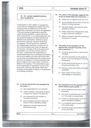 Ci YDS       li   D馴EMESINNl9
亀寒 I ∴＼ 刹l譜豊書dakipareaya 44”豊書誌龍嵩謹
縮                      A）Edisonwasnod肝erentfromanyofus●“、
B）aneviIancestrydidnotseemtoprevent
驚￣ Aphi一。S。PherisonenhiddeninapIoughman；  Edison’sthrivingbusiness〆   apooriabourersweepingthestreetsmayhave  C）anygjvenpersonmayhavethesame
asg00dabrajnasEdisonbutnothavethe         potentiaiasEdison
諾誌認諾謹書eS’D）嵩黒悪書悪hisskiIis
年∴讐書誌捲詩語器結語書  E）講書誓書ntIifesymbo−ised
dwaHedandunproductive，Whereasongood
groundanding00dair，thebestresultsmay
beexpected，ThesoiIandtheair，therefore，
譲鶉驚鶉羅繋紫蕊
鶉驚叢懸繕鶉鵠
謙語誓盤器e／−1−㌦誓書誓tha亨
acknowiedgeitsimportance 言． 与43”豊豊平fromthepassagethat46霊書諾謹書試筆thatthe
A）weredescendedfromanev旧amily     A）canbesacrificedatthecostofhigh
B）madehundredsofthousandsofd011ars      PrOfitrates
throughtheirresearchintopian川e      B）ca…eVerbeachievedeveninthel0ng
C）arerenownedfortheirstudieson        runiftheoriginiscontaminated
Criminalityandidiocy          c）is−ike−ytoimpresspeop−emoreaSthe、1、
D）Werenotpatjentenoughtoenjoythe     Ievelofeducationincreases
resultsoftheirnotewomystudies     D）isacombinedresu−tofg00dconditionS
E）obtainedanewplantspecieswith        andagoodorigin        一
extraordinarytrajts          E）shouIdbesoughtbythedecentPeOP牢−
inthecommunity    、様子           ∴誓三菱告
DIJKo             208          D㊨erSaykyaG聖望一義
」．．袖一剛融助言し一時点昂ぶ時間1．∴二二品：詩誌ふ言震∴∴−￣i∴二言気．も（嚢こ船舶高山ふ掩料山二一i∴完■巧言損料も高論ぷ義山壷薮脚立農高朗読ば；貢“軸，高二缶提言
／・i i・ ＼←  ii＼； ＼il   一、    ￣ 、1   −     1／ji繭＼軸1−1＼il一一“ 網鵬 i・− へ一一一。／＼／珊龍嘲蘭鎗仰開基i   寧講読請輩軍事蒜論詰論議詩話輩藤野薄轟靖覇姉轡
鶴韓
顕闘轡線灘 ノ・・−i弼臨調闇i翻粋漕翻繍醐翻平誓一一十一・一＼、醐琴平・紫野驚圏関繹醒
 