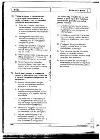 l l                                              I
i YDS       ll   DENEMES−NN−10 1一
1  69”整謙譲箪of 71”謀議謹豊詰
A）謙譲豊 A）護欝露‖
雛 B）豊蒜 謹葦 「書誌嵩諾
。）窯器嵩atTurk。y．aS  C）豊詔書嵩詫
凝議凝議enJOylngaPeriodofwelfare．§さ、
、 乏
70°Eventhoughnitrogenisanessential き
elementofaiiproteins，oniyafewforms や
ofbacteriacanextractnitr°genfromtheミ atmosphere“    ミ
A）Bacteriathatcanabsorbnitrogen
fromtheatmosphereareessentiai
lngredientsofalIproteins．
B）AsmalInumberofbacteriaare
、 &ﾆV F ｶ匁v F譌G& V 6 & 6
buildingblockofaiIproteins，fromthe
atmosphere．
C）OnlyafewkindsofbacteriacanpuIi
Outnitrogenfromtheatmosphere，but
theyarewrongiyregardedasthemost
importantcomponentofprotejns・
D）Whatmakesnitrogenabasicelement
Ofproteinsisbacteria，sinab用tyto
extractnitrogenfromtheatmosphere．
E）Veryfewbacteriadependonthe
nitrogenthattheytakeoutfromthe
atmosphere，thoughitisknowntobea
basiccomponentofeveryprotein・                  謙一＼善一
DILKO                240            D確，SaI匂yaGe4㍍諒∴高
‘雪饗繁−
＝」空警後輩一一
tl−1．−裏一握鞠重囲潤離聖二後難整理撰こて，ふよ読′，＿∴二二：：二二二食．「一山．：∴ふ−＿＿．、〃＿∴、．，∴上＿六＿二＿．一，ふLi言二上土元．鳥ム思鵬重曹皿〕。融：軸，皿．岨胸膜駁｛肌」｛謙一＿重言上着一1−⊂…・−一一一一一〇°ノーi−−一一一一＼一一●11、1ノ
躍躍醜 聞   聞脚闇．＿＿＿＿＿＿
 