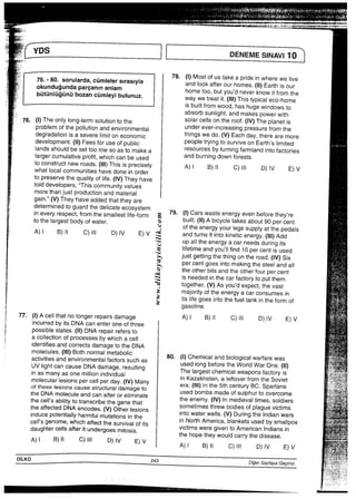 ・                           一        ＝日   工言宣 言 判読忠言三振遽諒，i−読点喜 一   ∴ 一一  一
潅 高 1 畠 田 i 事 ‡ i j 毒 、香 子 D闖X ．患繊 ￣−主務i 額撥 、感i” 饗宴、鰹撥 華麗醗・￣ど ∴：主∴圧 縮器繁務 護滋鶉撰紫 ∴∴∴
一∴∴ ÷∴ 離YDS   ll 。ENEMES．W−1。
子∵∴ i短： 暗譜誌嵩詰78●簿競漕豊 沃  isbuiltfromwood，hashugewindowsto
absorbsunIight・andmakespowerwith
一二￣76°（i）TheonIyIong−termSOlutiontothe       SOIarceIIsontheroof．（iV〉ThepIanetis
PrObIemofthepo冊onandenvjronmentaI    underever−increasIngPreSSurefromthe
degradationisasevereIimitoneconomic     thingswedo・（V）Eachday，therearem。re
deve10Pment・（11）Feesforuseofpublic      PeOPIetryingtosurviveonEa皿slimited
IandsshouIdbesetto0−0wsoastomakea    reSOurCeSbyturn−ngfarmIandintofactories
Iargercumulativeprofit，Whichcanbeused     andbum−ngdownforests．
嵩嵩誓書禁書書誌y  A）一 B）l− C）… D）IV E）∨
tOPreSerVethequaIity0日fe．（IV）Theyhave t01ddevelopers・“Thiscommunityva−ues
morethanjuStPrOductionandmaterjal
警護凝議露盤需S79．（．）。arsw。St。。n。．。yeVen。。f。ret．。y，「。 器bod需㌔一VE）∨諒龍馨謙韓  ．ミIifetimeandyou冊ndlOpercentisused
き∴苦熱豊講書嵩書墨書。
諜欝議鶉77“鵠講書繕書誓書。。  A）一 B）‖ C川 D）一V E）∨
POSSiblestates・（11）DNArepairrefersto
acoIIectionofprocessesbywhichaceIl
identifiesandcorrectsdamagetotheDNA
繋藷驚DiLK0            243         Di−ersayf G・  綜
g ayaegnlZ．        ∴￣        ∴￣
 