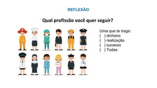 Qual profissão você quer seguir?
Uma que te traga:
( ) dinheiro
( ) realização
( ) sucesso
( ) Todas
REFLEXÃO
 