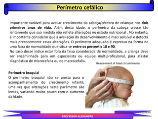 Perímetro cefálico
PROFESSOR ALEXANDRE
Importante variável para avaliar crescimento da cabeça/cérebro de crianças nos dois
primeiros anos de vida. Além desta idade, o perímetro da cabeça cresce tão
lentamente que sua medida não reflete alterações no estado nutricional . No entanto,
é importante considerar que a avaliação do desenvolvimento é mais sensível e detecta
mais precocemente essas alterações. O perímetro adequado é expresso na forma de
uma faixa de normalidade que situa-se entre os percentis 10 e 90.
No caso desse índice estar fora da faixa considerada de normalidade, a criança deve
ser encaminhada para um especialista ou equipe multiprofissional, para afastar
diagnóstico de microcefalia ou de macrocefalia.
Perímetro braquial
O perímetro braquial não se presta para o
acompanhamento do crescimento infantil,
uma vez que alterações neste parâmetro são
lentas, variando muito pouco com o aumento
da idade.
 