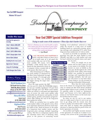 Helping You Navigate in an Uncertain Investment World


 Year End 2009 Viewpoint
    Volume 10 Issue 4




  Inside this issue:                                 Year End 2009 Special Addition Viewpoint
Front Seat-Our approach to
investing
                                2              Trying to make sense of the nonsense—These days that’s harder than ever
Chart 1, Market 2000-2009       4                                                             breaking “over-valuations” achieved in 2000,
                                      “America’s abundance was not created by public sacrifices
                                                                                              while the second is a long wave of wealth
                                       to the common good, but by the productive genius of free
Chart 2, Market Rallies         5       men who pursued their own personal interests and the  building based on a growing economy, grow-
                                                making of their own private fortunes.”        ing earnings and expanding P/E ratios from
Chart 3, S&P & Nikkei Index     6                          — Ayn Rand                         long-term bear market lows of 1982 to 2000.
                                                                                                  As much as we’d like to capitulate to the


                                      O
Chart 4, Buying Higher Yields   7
                                                F ALL THE STUFF THAT HAPPENED in              growing view that the stock market is now
Interest Rate Outlook           8               2009—and take if from us, there was a officially and fully in a bull market and stop
                                                lot of stuff—most of it not good—the having to defend our bearish stance each quar-
Doubling Income every 5 years   9     stock market rally was one of the                                   ter, we can’t.
                                      more notable. Of course, we’re Market Summary 2009                        First, it’s simply not in our
Big-fat Gov’t Takeover          10    probably a little biased since we                                   nature and we don’t mean it’s not
                                                                               Annual Returns     2009
                                      spend our day plastered in front of                                 in our nature to be bullish. For the
Casey On Technology             11                                            US MARKETS           28.5 record, we were as bullish as the
                                      a computer screen crocked full of
Truth-Stranger than Fiction     12    stock quotes. But that’s just us.       GLOBAL EX-US         40.6 next guy all throughout the 1980s
                                           After bottoming out in March, DEV MRKTS EX-US           38.1 and most of the 1990s, when being
                                      the stock market as measured by                                     bullish was justified by growing
                                                                              EMERGING MRKTS       88.1 earnings and expanding price-to-
                                      the Dow Jones Industrial Average
 Deschaine & Company, L.L.C.          was up a heady 57% through year CORE BONDS                    4.6 earnings multiples. Just ask any-
 A REGISTERED INVESTMENT ADVISOR
                                      end—and the Dow was actually LT COMMODITY                    18.3 one who knew us way back when.
                                      the lagger among the major mar- Source: Morningstar Q4 2009         Funny thing is, no one accused us
                                      ket averages.                                                       of being irrationally Pollyannaish.
         World Headquarters              Over the same period, the S&P
                                                                            Market Commentary
                                                                                                                Now that the stock market’s
       128 South Fairway Drive        500 was up 63% while the NASDAQ compos- been in the throes of a long-term bear market
         Belleville, Illinois 62223   ite was up a notably significant 75% just from (may we remind you that stocks haven’t produced
        Phone: (618) 397-1002         March through year end. While stock market positive capital returns in over a decade) we think
 mark@deschaineandcompany.com         rallies are always a welcomed and appreciated it’s patently unfair to brand us “permanent
marnie@deschaineandcompany.com        turn of events, the 2009 stock market rally bears” just because we’ve been right-on-the-
                                      predictably has all manner and quality of stock money in our bearish stance on the stock mar-
               Maryville Office       market gurus, pundits and amateur prognosti- ket lo-these last ten years.
                      Jason Loyd      cators alike hailing the end of the long-term               So when we say it’s not in our nature,
                 (618) 288-2200       bear market for stocks.                                 what we really mean is that it’s not in our na-
 jason@deschaineandcompany.com             While we certainly have no qualms with ture to go along with the crowd, since the
               Highland Office        stock market rallies in the generic sense, there crowd is usually and without fail—wrong. One
                                      is an important distinction between stock mar- need only look no further than presidential
                     Matt Powers      ket rallies of the “dead cat bounce in the midst elections or American Idol for proof of the col-
                 (618) 654-6262       of a long-term bear market variety and the lective ignorance of crowds.
  matt@deschaineandcompany.com        long-term price earnings multiple expanding                 An excellent and highly accurate measure
    We’re on the Web at:              variety. The first is a temporary reprieve from of the ignorance of crowds as it relates to in-
 deschaineandcompany.com              the relentless down beat of declining share vesting is the actions of the crowd takes when
                                      prices in the process of correcting record                                            (Continued on page 4)
 