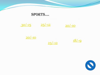 SPORTS….

30/-15       25/-12       20/-10


  20/-10
                              18/-9
                 25/-12
 