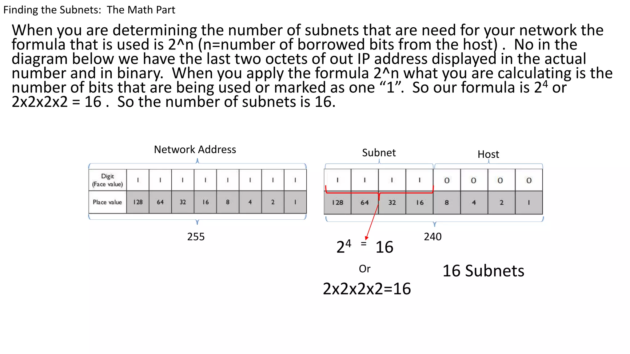 When you are determining the number of subnets that are need for your network the
formula that is used is 2^n (n=number of borrowed bits from the host) . No in the
diagram below we have the last two octets of out IP address displayed in the actual
number and in binary. When you apply the formula 2^n what you are calculating is the
number of bits that are being used or marked as one “1”. So our formula is 24 or
2x2x2x2 = 16 . So the number of subnets is 16.
Finding the Subnets: The Math Part
HostNetwork Address Subnet
255 240
24 = 16
2x2x2x2=16
Or 16 Subnets
 