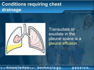 Transudate or
exudate in the
pleural space is a
pleural effusion
Conditions requiring chest
drainage
 