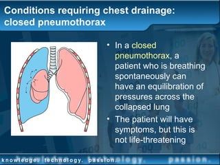 Conditions requiring chest drainage:
closed pneumothorax
• In a closed
pneumothorax, a
patient who is breathing
spontaneously can
have an equilibration of
pressures across the
collapsed lung
• The patient will have
symptoms, but this is
not life-threatening
 