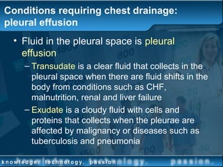 Conditions requiring chest drainage:
pleural effusion
• Fluid in the pleural space is pleural
effusion
– Transudate is a clear fluid that collects in the
pleural space when there are fluid shifts in the
body from conditions such as CHF,
malnutrition, renal and liver failure
– Exudate is a cloudy fluid with cells and
proteins that collects when the pleurae are
affected by malignancy or diseases such as
tuberculosis and pneumonia
 