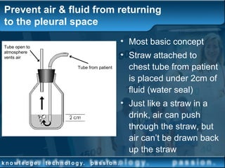 Prevent air & fluid from returning
to the pleural space
• Most basic concept
• Straw attached to
chest tube from patient
is placed under 2cm of
fluid (water seal)
• Just like a straw in a
drink, air can push
through the straw, but
air can’t be drawn back
up the straw
Tube open to
atmosphere
vents air
Tube from patient
 