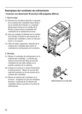 88
Reemplazo del ventilador de enfriamiento
• Inversor con dimensión W (ancho) 2.68 pulgadas (68mm)
1. Desmontaje
(1) Presione las mordazas derecha e izquerda
de la cubierta del ventilador hacia dentro
(en el sentido de la flecha 1), y después
jálelas hacia fuera (en el sentido de la
flecha 2) para retirar el ensamble del
ventilador de la unidad del inversor.
(2) Jale con cuidado el cableado (en el sentido
de la flecha 3) desde la cara trasera de la
cubierta del ventilador y retire el tubo pro-
tector y el conector.
(3) Abra los lados izquierdo y derecho de la
cubierta del ventilador para retirar el
ventilador de enfriamiento de la cubierta.
2. Montaje
(1) Monte el ventilador de enfriamiento en la
cubierta del ventilador. La flecha que
indica la dirección del flujo de aire del
ventilador de aire debe señalar en el
sentido contrario de la cubierta.
(2) Coloque el conector y monte firmemente
el tubo protector. Monte la sección del
codo del conector en la cara trasera de la
cubierta del ventilador.
(3) Monte la cubierta del ventilador en el
inversor. Asegúrese de que las mordazas
derecha e izquierda de la cubierta del
ventilador entren a presión en la aleta de
enfriamiento.
DIRECCIÓN DE FLUJO DE AIRE
 