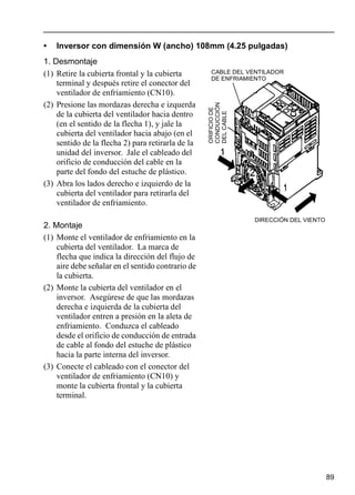 89
• Inversor con dimensión W (ancho) 108mm (4.25 pulgadas)
1. Desmontaje
(1) Retire la cubierta frontal y la cubierta
terminal y después retire el conector del
ventilador de enfriamiento (CN10).
(2) Presione las mordazas derecha e izquerda
de la cubierta del ventilador hacia dentro
(en el sentido de la flecha 1), y jale la
cubierta del ventilador hacia abajo (en el
sentido de la flecha 2) para retirarla de la
unidad del inversor. Jale el cableado del
orificio de conducción del cable en la
parte del fondo del estuche de plástico.
(3) Abra los lados derecho e izquierdo de la
cubierta del ventilador para retirarla del
ventilador de enfriamiento.
2. Montaje
(1) Monte el ventilador de enfriamiento en la
cubierta del ventilador. La marca de
flecha que indica la dirección del flujo de
aire debe señalar en el sentido contrario de
la cubierta.
(2) Monte la cubierta del ventilador en el
inversor. Asegúrese de que las mordazas
derecha e izquierda de la cubierta del
ventilador entren a presión en la aleta de
enfriamiento. Conduzca el cableado
desde el orificio de conducción de entrada
de cable al fondo del estuche de plástico
hacia la parte interna del inversor.
(3) Conecte el cableado con el conector del
ventilador de enfriamiento (CN10) y
monte la cubierta frontal y la cubierta
terminal.
ORIFICIODE
CONDUCCIÓN
DELCABLE
DIRECCIÓN DEL VIENTO
CABLE DEL VENTILADOR
DE ENFRIAMIENTO
 