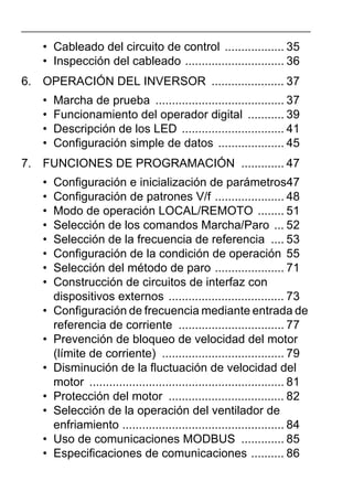 • Cableado del circuito de control .................. 35
• Inspección del cableado .............................. 36
6. OPERACIÓN DEL INVERSOR ...................... 37
• Marcha de prueba ....................................... 37
• Funcionamiento del operador digital ........... 39
• Descripción de los LED ............................... 41
• Configuración simple de datos .................... 45
7. FUNCIONES DE PROGRAMACIÓN ............. 47
• Configuración e inicialización de parámetros47
• Configuración de patrones V/f ..................... 48
• Modo de operación LOCAL/REMOTO ........ 51
• Selección de los comandos Marcha/Paro ... 52
• Selección de la frecuencia de referencia .... 53
• Configuración de la condición de operación 55
• Selección del método de paro ..................... 71
• Construcción de circuitos de interfaz con
dispositivos externos ................................... 73
• Configuración de frecuencia mediante entrada de
referencia de corriente ................................ 77
• Prevención de bloqueo de velocidad del motor
(límite de corriente) ..................................... 79
• Disminución de la fluctuación de velocidad del
motor ........................................................... 81
• Protección del motor ................................... 82
• Selección de la operación del ventilador de
enfriamiento ................................................. 84
• Uso de comunicaciones MODBUS ............. 85
• Especificaciones de comunicaciones .......... 86
 