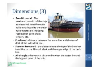 Dimensions (3) 
• Freeboard : distance between the water line and the top of 
deck at the side (deck line). 
• Summer Freeboard : the distance from the top of the Summer 
Load Line or the Plimsoll Mark and the upper edge of the deck 
line. 
• Air draught : the vertical distance between the water line and 
the highest point of the ship. 
© Adi Wirawan Husodo 
2014 
Odd Semester 2014/2015 
10 
• Breadth overall : The 
maximum breadth of the ship 
as measured from the outer 
hull on starboard to the outer 
hull on port side, including 
rubbing bar, permanent 
fenders, etc. 
 