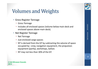 Volumes and Weights 
• Gross Register Tonnage 
• Gross Tonnage 
• Includes all enclosed spaces (volume below main deck and 
enclosed spaces above main deck). 
• Net Register Tonnage 
• Net Tonnage 
• Just enclosed cargo spaces 
• NT is derived from the GT by subtracting the volume of space 
occupied by : crew, navigation equipment, the propulsion 
equipment (partly), workshops, ballast. 
• NT may not less than 30% of the GT. 
© Adi Wirawan Husodo 
2014 
Odd Semester 2014/2015 
13 
 