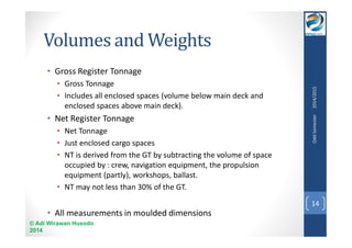 Volumes and Weights 
• Gross Register Tonnage 
• Gross Tonnage 
• Includes all enclosed spaces (volume below main deck and 
enclosed spaces above main deck). 
• Net Register Tonnage 
• Net Tonnage 
• Just enclosed cargo spaces 
• NT is derived from the GT by subtracting the volume of space 
occupied by : crew, navigation equipment, the propulsion 
equipment (partly), workshops, ballast. 
• NT may not less than 30% of the GT. 
• All measurements in moulded dimensions 
© Adi Wirawan Husodo 
2014 
Odd Semester 2014/2015 
14 
 