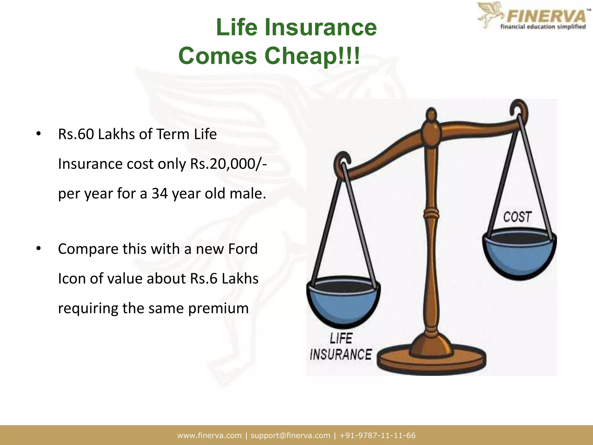 Life Insurance Comes Cheap!!!Rs.60 Lakhs of Term Life Insurance cost only Rs.20,000/- per year for a 34 year old male.Compare this with a new Ford Icon of value about Rs.6 Lakhs requiring the same premium 