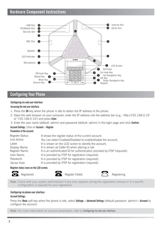 Account Settings: Click on Account->Register
Parameters of the account:
Account Settings:
Configuring via phone user interface
Register status icons on the LCD screen:
It shows the register status of the current account.
You can select Enabled/Disabled to enable/disable the account.
It is shown on the LCD screen to identify the account.
It is shown as Caller ID when placing a call.
It is an authenticated ID for authentication provided by ITSP (required).
It is provided by ITSP for registration (required).
It is provided by ITSP for registration (required).
It is provided by ITSP for registration (required).
Press the Menu soft key when the phone is idle, select Settings->Advanced Settings (default password: admin)->Account to
configure the account.
Register Status:
Registered Register Failed Registering
3
Accessing the web user interface:
Configuring via web user interface
1. Press the OK key when the phone is idle to obtain the IP address of the phone.
2. Open the web browser on your computer, enter the IP address into the address bar (e.g., "http://192.168.0.10"
or "192.168.0.10") and press Enter.
3. Enter the user name (default: admin) and password (default: admin) in the login page and click Confirm.
16
17
2
4
5
6
7
8
3
9
12
10
11
1515
13
14
12
1
LED Indicator 13
13
12Microphone
LCD Screen
Soft Keys
On-hook Key
OK Key
Up Navigation Key
Down Navigation Key
KeypadVolume Key
Mute Key
Redial Key
Off-hook Key
Speaker
MIC Port
18 19
20
USB Port
PC/Mobile Port
Security Slot
Internet Port
DC5V Port
Line Active:
Label:
Display Name:
Register Name:
User Name:
Password:
Server Host:
Hardware Component Instructions
Configuring Your Phone
Note: Check with your system administrator if any error appears during the registration process or if a specific
configuration is required for your registration.
Note: For more information on account parameters, refer to Configuring via web user interface.
 