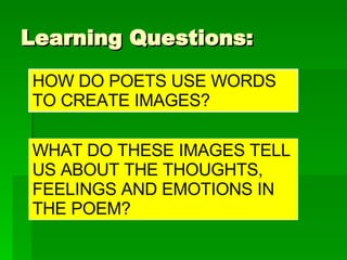 Learning Questions: HOW DO POETS USE WORDS TO CREATE IMAGES? WHAT DO THESE IMAGES TELL US ABOUT THE THOUGHTS, FEELINGS AND EMOTIONS IN THE POEM? 