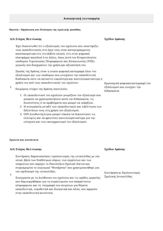 Διοικητική λειτουργία
Ηγεσία - Οργάνωση και διοίκηση της σχολικής μονάδας
A/A Στόχος Βελτίωσης Σχέδιο Δράσης
1
Έχει διαπιστωθεί ότι ο εξοπλισμός του σχολείου που υποστηρίζει
τους εκπαιδευτικούς στο έργο τους είναι καταγεγραμμένος
αποσπασματικά είτε στο βιβλίο υλικού, είτε στην ψηφιακή
πλατφόρμα myschool ή σε άλλες, όπως αυτή του Κτηματολογίου
υποδομών Τεχνολογίας Πληροφοριών και Επικοινωνίας (ΤΠΕ),
γεγονός που δυσχεραίνει την χρήση και αξιοποίησή του.
Σκοπός της δράσης είναι η ενιαία ψηφιακή καταγραφή όλου του
εξοπλισμού και των υποδομών που ενισχύουν την εκπαιδευτική
διαδικασία ώστε να καταστεί ευκολότερη και αποτελεσματικότερη η
χρήση του από τους εκπαιδευτικούς του σχολείου.
Επιμέρους στόχοι της δράσης αποτελούν:
1. Οι εκπαιδευτικοί του σχολείου γνωρίζουν τον εξοπλισμό που
μπορούν να χρησιμοποιήσουν κατά την διδασκαλία, τις
δυνατότητες ή τα προβλήματα που μπορεί να υπάρξουν.
2. Η συνεργασία μεταξύ των εκπαιδευτικών και η βελτίωση των
δεξιοτήτων τους στη χρήση του εξοπλισμού.
3. Ο/Η Διευθυντής/ντρια μπορεί εύκολα να διαπιστώσει τις
ελλείψεις και να φροντίσει αποτελεσματικότερα για την
ενίσχυση και των εκσυγχρονισμό του εξοπλισμού.
Εργονομική ψηφιακή καταγραφή του
εξοπλισμού που ενισχύει την
διδασκαλία.
Σχολείο και κοινότητα
A/A Στόχος Βελτίωσης Σχέδιο Δράσης
1
Συντήρηση, δημοσιοποίηση / εμπλουτισμός της ιστοσελίδας με νέο
υλικό, βάση των διαθέσιμων πόρων, των εργαλείων και των
υπηρεσιών που παρέχει το Πανελλήνιο Σχολικό Δίκτυο και
συγκεκριμένα το λογισμικό "Wordpress" που χρησιμοποιήθηκε για
τον σχεδιασμό της ιστοσελίδας.
Συνεργασία με τη Διεύθυνση του σχολείου και τις ομάδες εργασίας
που δημιουργήθηκαν για τη συγκέντρωση των απαραίτητων
πληροφοριών και τη συγγραφή των κειμένων για θέματα
εκπαιδευτικά, νομοθετικά και διοικητικά και άλλα, που αφορούν
στην εκπαιδευτική κοινότητα.
Συντήρηση κι Εμπλουτισμός
Σχολικής Ιστοσελίδας
 