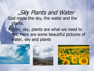 Sky Plants and Water God made the sky, the water and the plants. Water, sky, plants are what we need to live. Here are some beautiful pictures of water, sky and plants 
